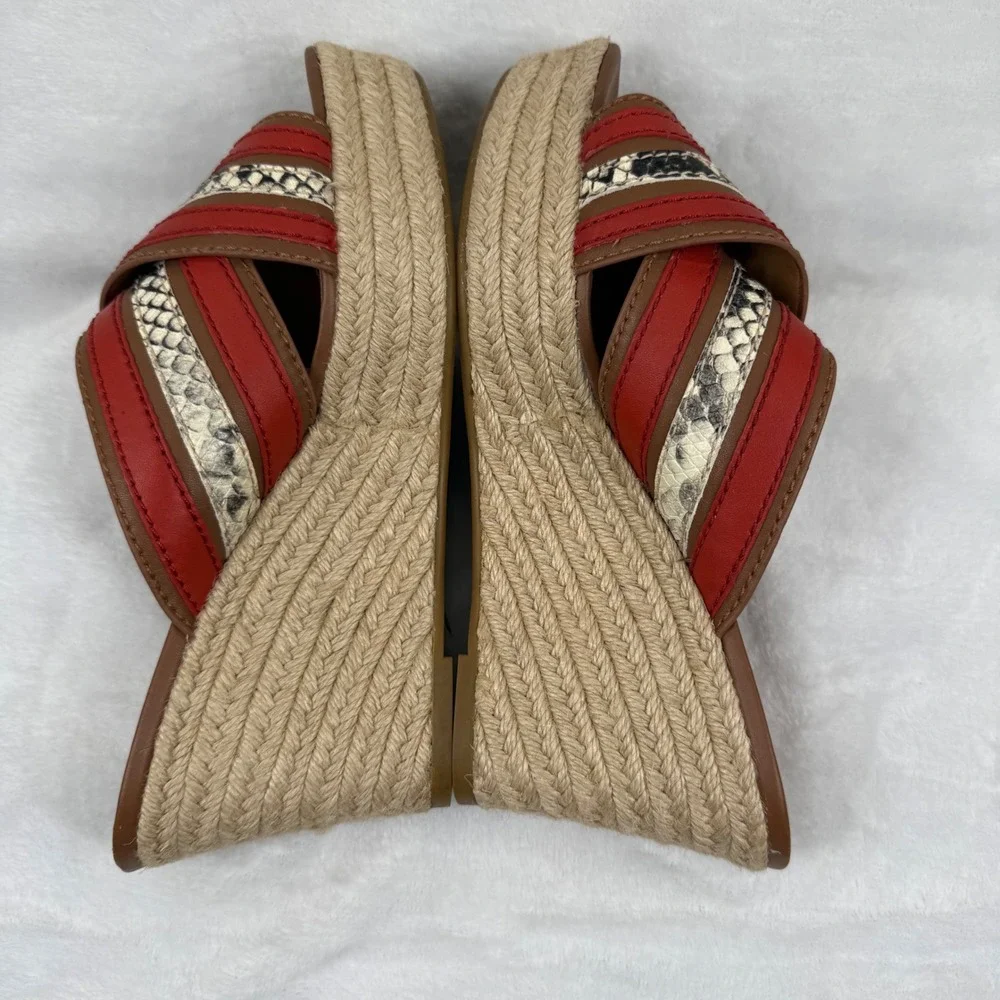 Coach Red Snakeskin Striped Espadrille Wedge Platform Sandals Slides 8.5‎ READ